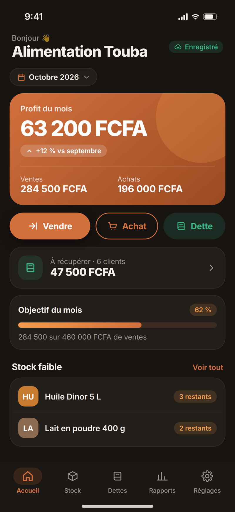 BokkCom — Accueil en mode sombre : bénéfice et activité de la boutique